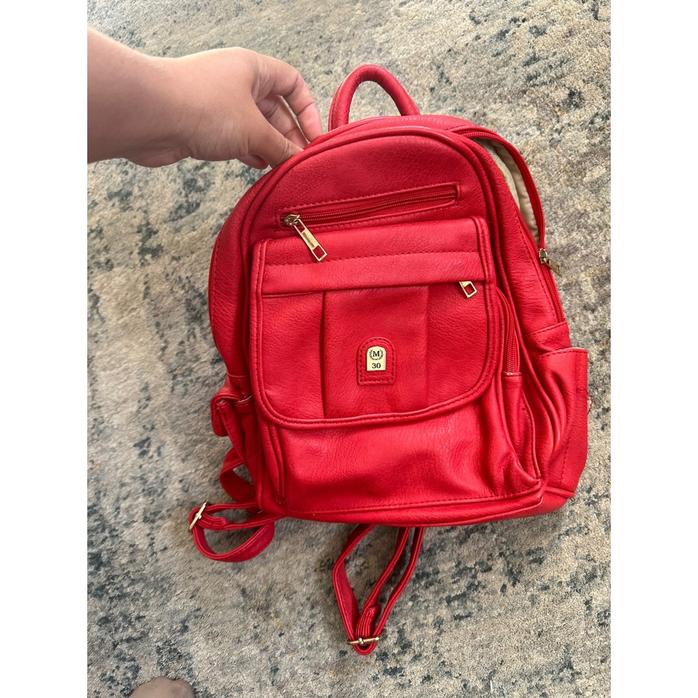 Red Mini Backpack Faux Leather Gold Tone Accents Small Casual Daypack